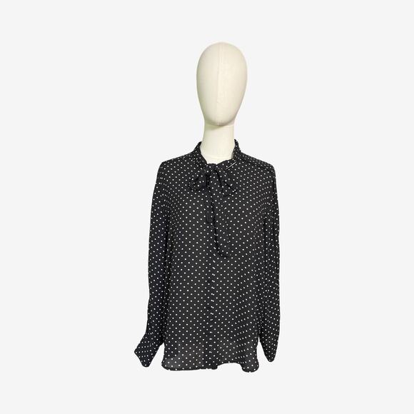 Who What Wear Black White Polka Dot Tie Neck Blouse XL Long Sleeve - Picture 1 of 9